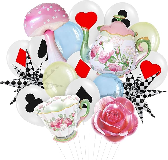 Teapot Mushroom Rose Balloons Checkered Poker Balloon Lets Par-Tea Garden Fairy High Tea Theme Foil Decor Onederland 1st First Birthday Girl Tea for Two Party Decorations Supplies for Little Girls