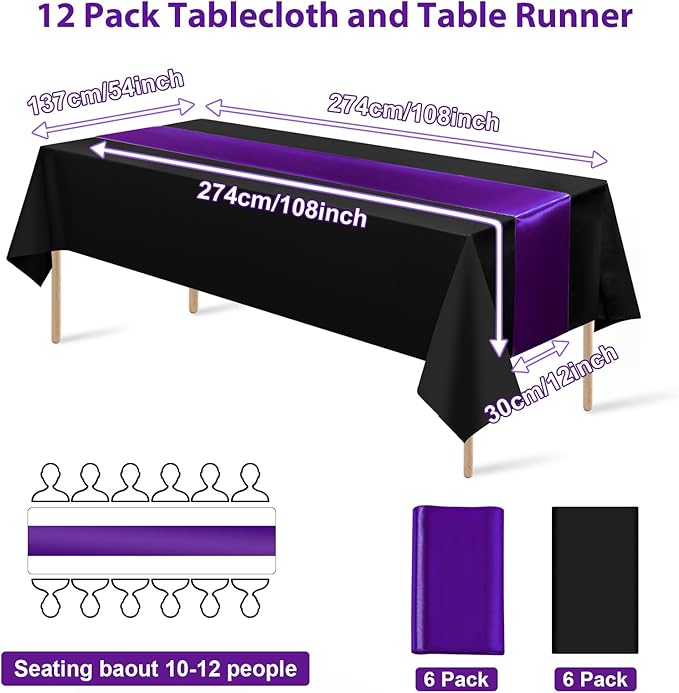 12Pack 12x108 Inch Satin Table Runner and 54x108Inch Plastic Tablecloths Set Black Purple Disposable Rectangle Table Cover for Graduation Wedding Bridal Shower Anniversary Birthday Party Decorations