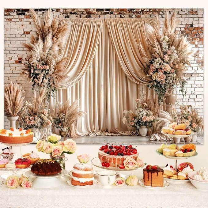 7X7ft Boho Floral Wedding Backdrop Wall Background Photography Beige Vintage Flowers Backdrops for Parties Wedding, Girls Birthday Princess Weeding Bridal Shower Floral Anniversary Ceremony Decor