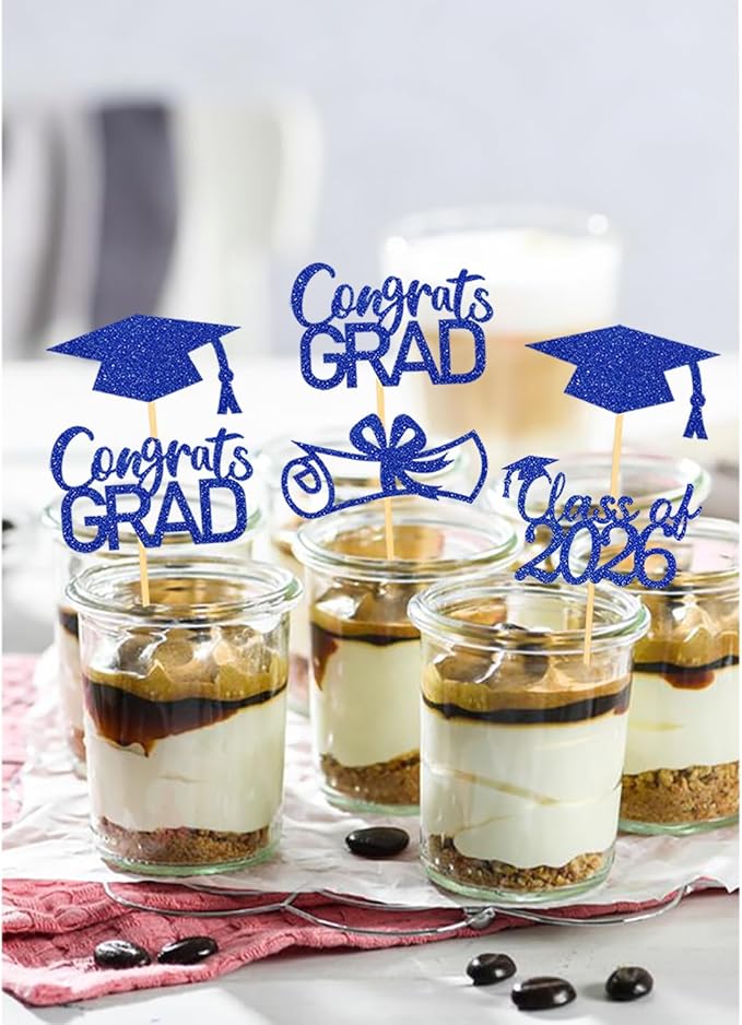 2026 Graduation Theme Cupcake Toppers Glitter Class of 2026 Graduation Cap Diploma Cupcake Picks - Set of 24 (Blue2)