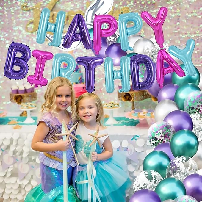 TONIFUL Happy Birthday Balloons Banner with Ribbon Straw,16 Inch Mylar Letters Birthday Sign Banner Balloon Bunting Reusable for Girls Kids & Adults Birthday Halloween Supplies（Blue Purple Pink）