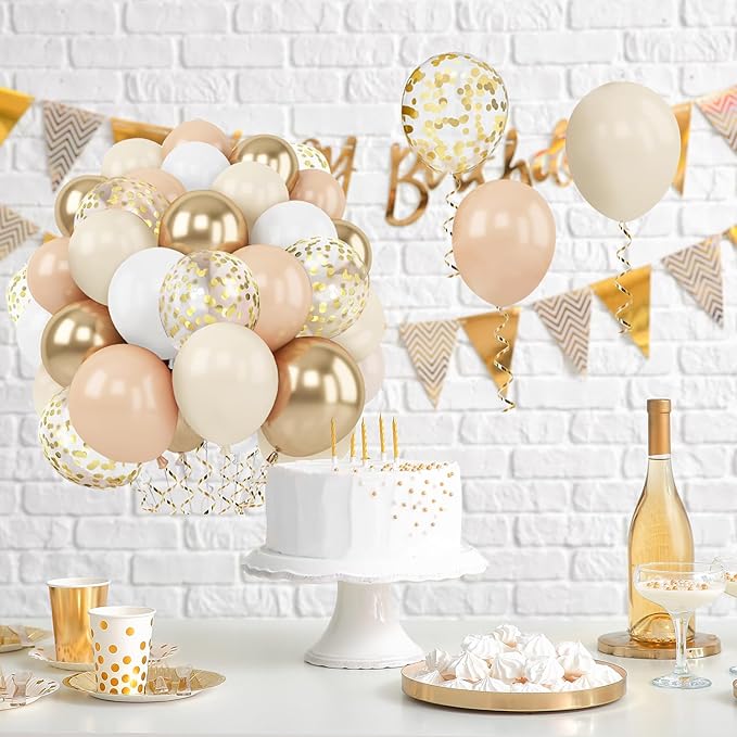 Gold White Sand Confetti Balloons, 50pcs 12 inch Beige Gold Nude Neutral Balloons for Birthday Wedding Bride Shower Party Decoration
