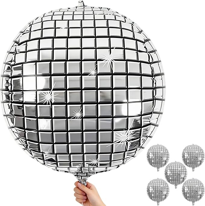 Disco Ball Balloons 32 Inch 5 Pcs 4D Ball Balloons Metallic Silver Disco Mylar Balloon Chrome for Birthday Bachelorette 70s 80s 90s Themed Graduation Retro New Year Eve Prom Party Decorations
