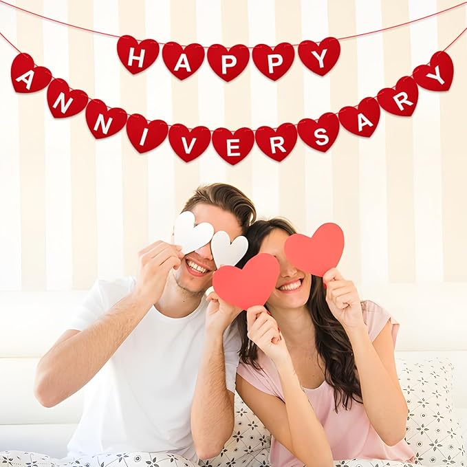 Pre-Strung Happy Anniversary Banner - No DIY Felt Wedding Anniversary Party Banner Sign Red Heart Garland for Romantic Wedding Decorations