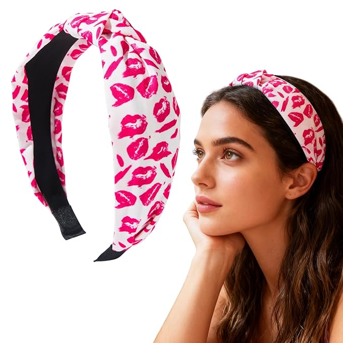 Valentines Headband Non Slip Cute Knotted Headbands Fashion Women Head Band With Pink Lips Designs Romantic Valentines Headbands For Women Holiday Party Head wear Accessories Gift 1pcs