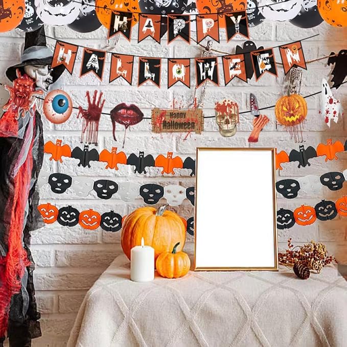 Halloween Party Decorations Set Including Happy Halloween Banner, Hanging Swirl, Pumpkin Skull Ghost Horror Banner Balloons for Indoor Decorations