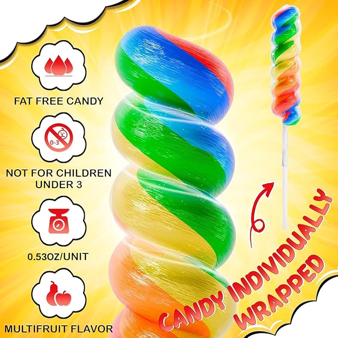 30pk Rainbow Twisty Lollipops Individually Wrapped Multi Fruit- Rainbow Swirl Suckers - Carnival & Circus Swirl Lollipops Individually Wrapped For Party Favors