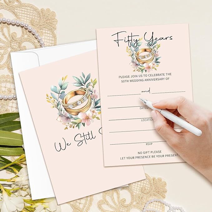 Floral Ring 50th Wedding Anniversary Invitations, 50th Anniversary Invites, 50 Years Wedding Party Supplies, 25 Pcs Cards & Envelopes /14