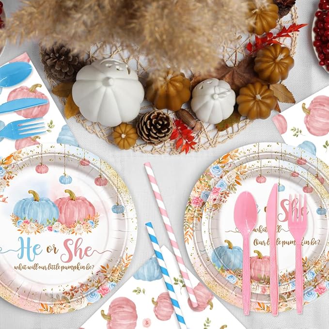 194 PCS Pumpkin Gender Reveal Decorations Pumpkin Paper Plates Cups and Napkins Sets He or She Baby Gender Reveal Party Supplies Disposable Tableware Set with Tablecloth Serves 24 Guests