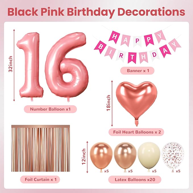 16th Birthday Decorations for Girls, Rose Gold and Hot Pink Sweet 16 Party Supplies with Happy Birthday Banner, Number 16 Balloon and Foil Fringe Curtains