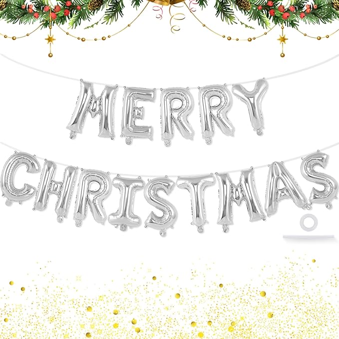 Silver Merry Christmas Letter Balloons Banner, Merry Christmas Foil Xmas Balloon for Xmas Party Decorations (Silver)