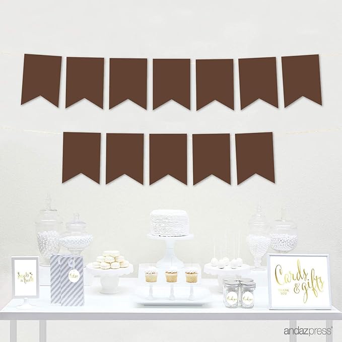 Andaz Press Hanging Pennant Banner with String, Brown, 1-Set, 24 Pennants, Approx. 12-Feet Long