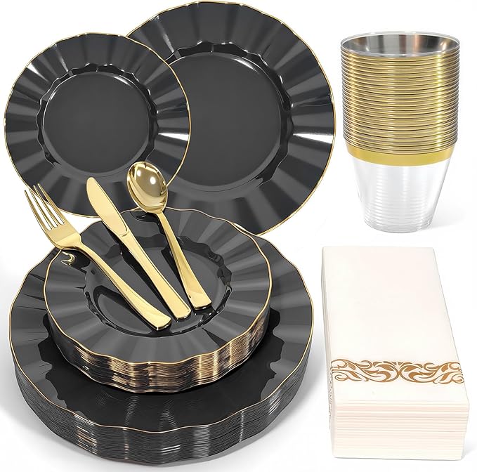 175 Plastic Dinnerware Set Party Supplies Disposable Dinnerware Set for 25 Guests Include 50 Plastic Plates,25 Silverware Set,25 Cups and 25 Napkins Plastic Plates for Party Wedding（Black and Gold）