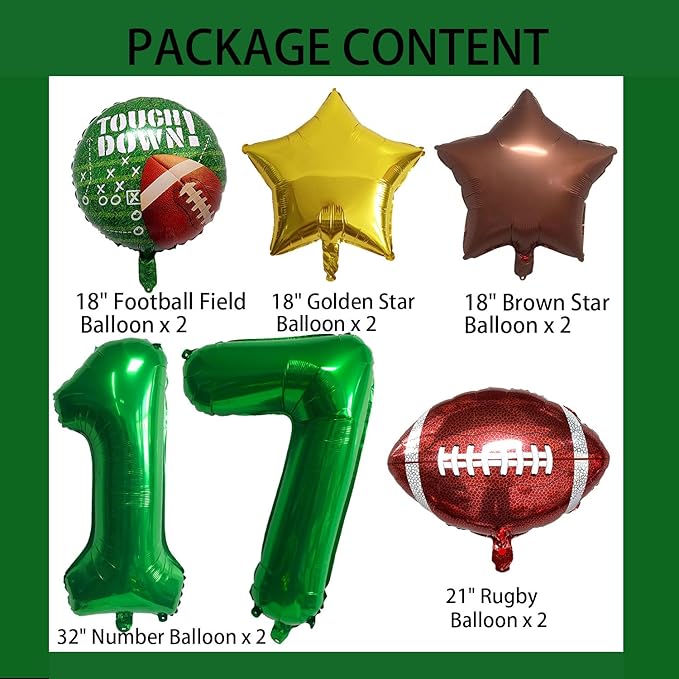 Football Balloons Foil Football Birthday Decorations Balloons Green Number 17 Balloon Gold Brown Star Touchdown Ballons for Rugby Birthday Decorations Sports Ballons Arch Kits Party Balloon Sets 10pcs