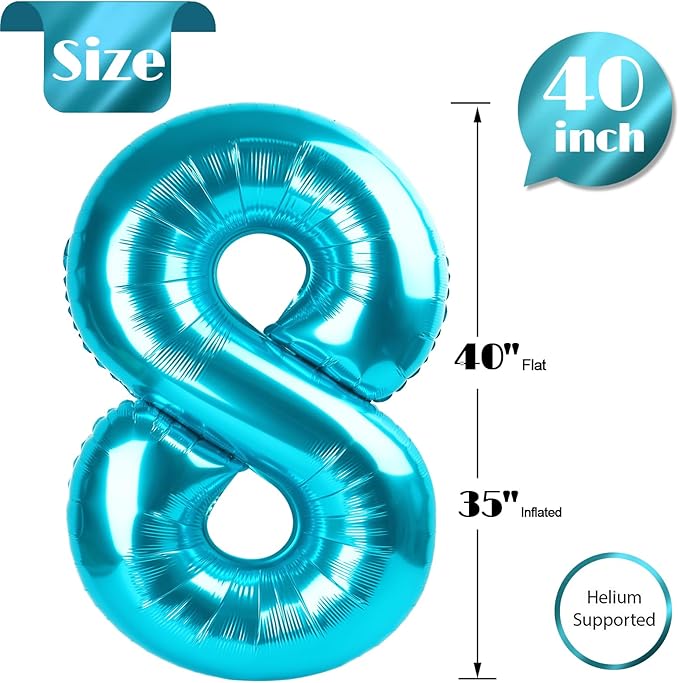 Light Blue Number 8 Balloon 40 Inch, 8th Birthday Party Decorations for Children, Giant 8 Foil Balloon for Party Supplies