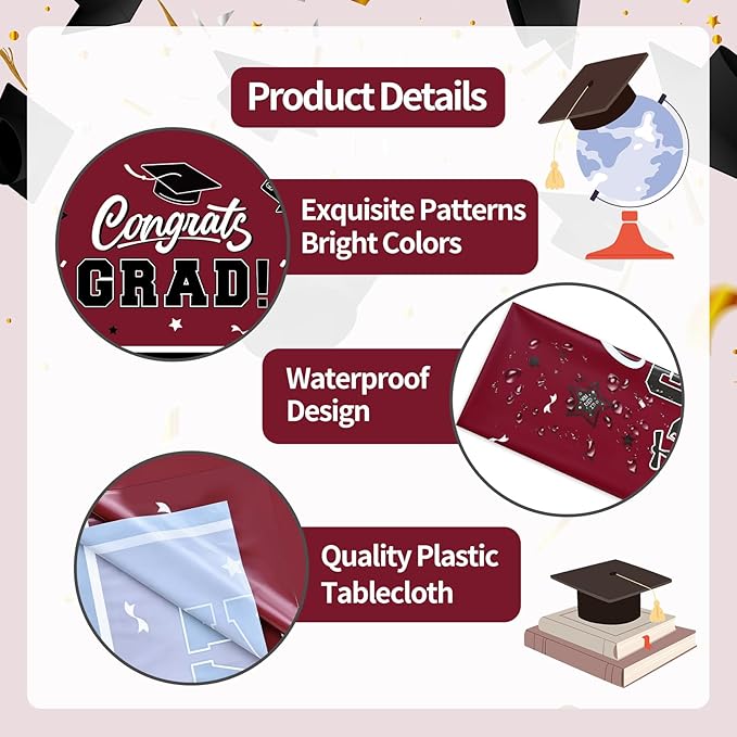 2-Piece 54 x 108 Inch Graduation Plastic Tablecloth – Graduation Disposable Rectangle Table Covers with “Congrats Grad” Design for Class of 2026 Party, School and Home Decorations
