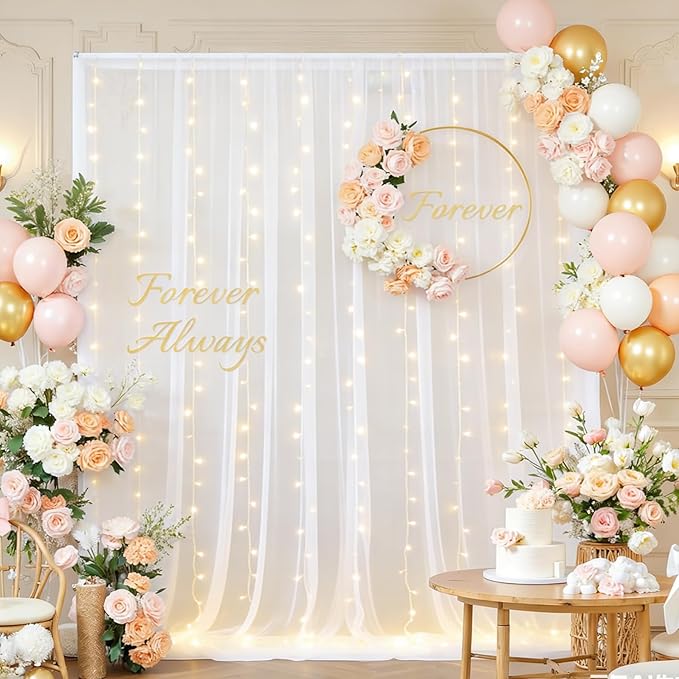 White Tulle Backdrop Curtain with Lights, Elegant Sheer Photo Backdrop Drapes, Soft Fabric Curtain for Weddings Brithday Parties Photography Background Decor, 10ftx8ft