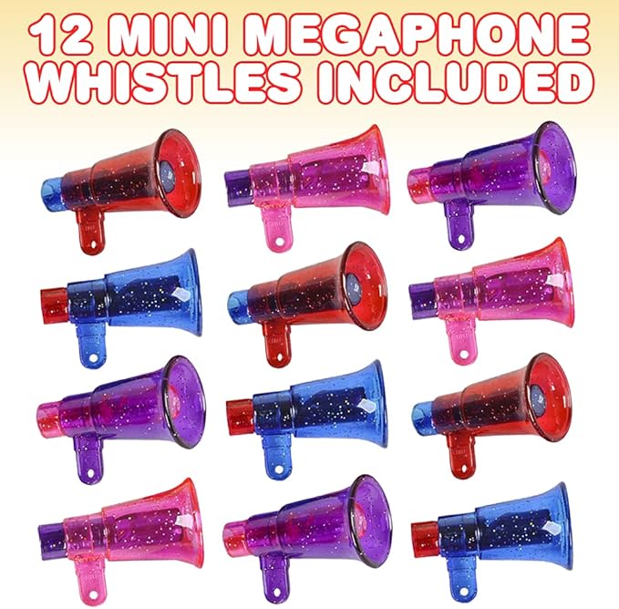 ArtCreativity Mini Glitter Megaphone Whistles Set of 12, Fun Noise Makers Party Favors for Kids, Durable Plastic Material, Christmas Gift for Kids, Child New Year Party Gifts