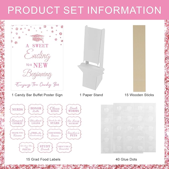 Graduation Candy Buffet Labels for Grad Party Decorations, Graduation Candy Bar Dessert Food Label Signs Set, Class of 2026 Grad Parties Table Decor Supplies (Pink)
