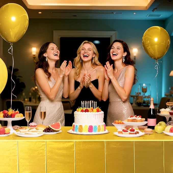 4 Pieces Bright Gold Metallic Foil Tablecloth - Stunning Matte Finish, Durable and Easy to Clean - Perfect for Bachelorette, Birthday, Wedding, and Anniversary Party Decorations