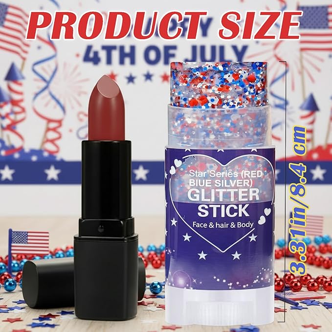 Red White Blue Hair Glitter Stick,Patriotic Face Body Glitter,4th of July Accessories,Fourth of July Outfits for Women,Patriotic Day Memorial Day Waterproof Chunky Glitter Makeup