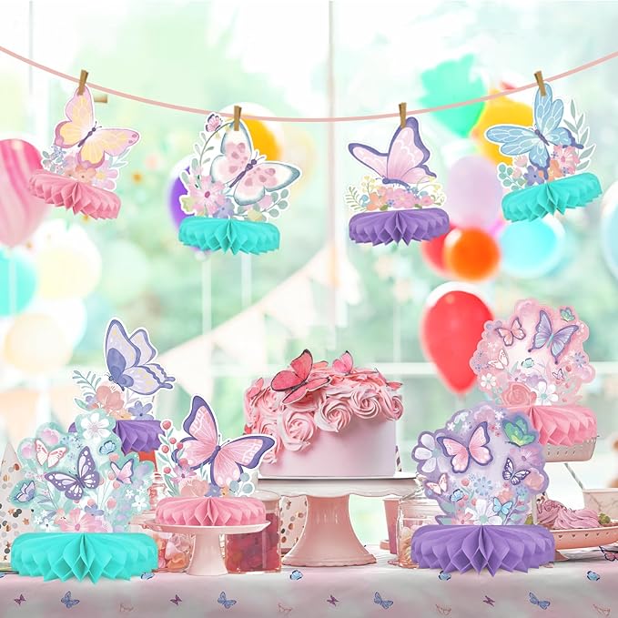 Butterfly Birthday Party Supplies Kit - Butterfly Themed Honeycomb Centerpiece ，Table Decorations for Kids' Butterfly Themed Birthday Party Decorations