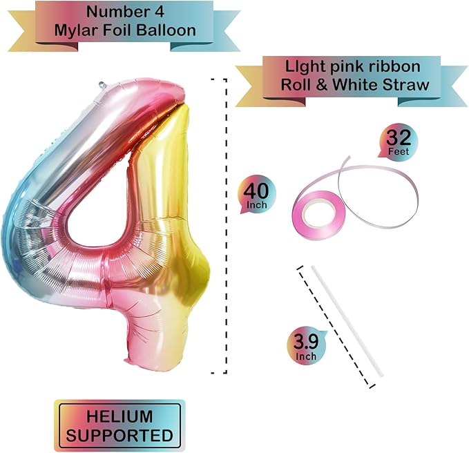 Rainbow Number Balloons Birthday Balloons - Giant Number 4 Balloon 40 inch, Numbers Balloon Birthday Decorations, Rainbow Party Supplies for Baby Shower