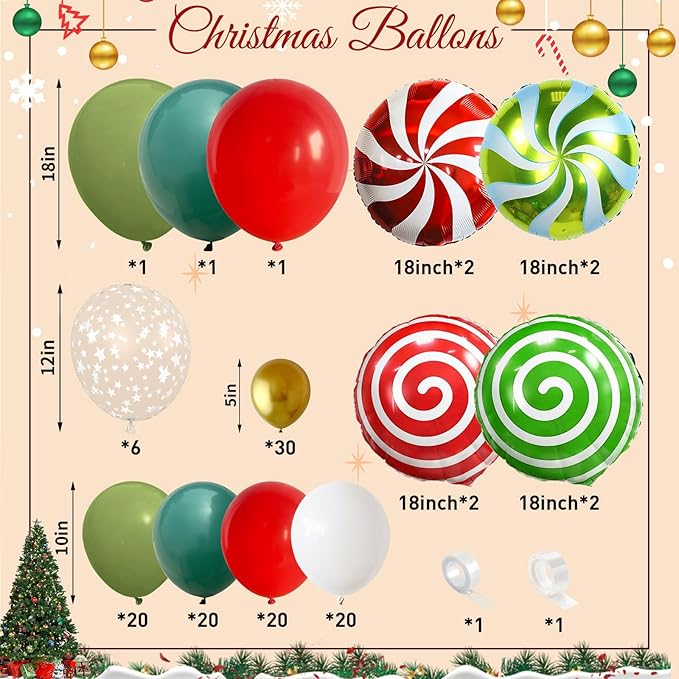 Christmas Balloon Arch Garland Kit, 127Pcs Dark Sage Green and Red White Xmas Balloon with Star Print & Candy Cane Foil Balloons for Merry Christmas Holiday Woodland Winter New Year Party Decorations