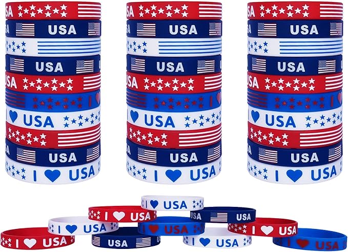 American Flag Silicone Bracelet 40Pcs, Fourth 4th of July Patriotic Party Favors, Memorial Day Veterans Day Wristband, USA Red White and Blue Decorations