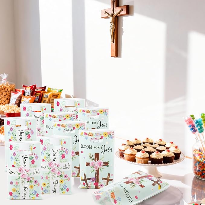 Spring Religious Party Favor Bag - 50Pcs Christian Cross Bible Floral Goodie Candy Treat Gift Bags Spring Flower Religious Party Supplies for Birthday Valentine's Day Easter Sunday School Church Gift