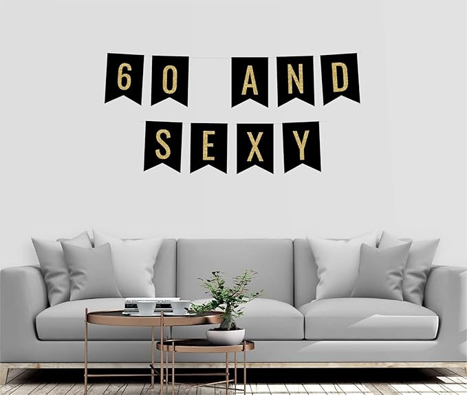 Andaz Press Faux Gold Glitter on Black Birthday Party Banner Decorations, 60 and Sexy, Approx 5-Feet, 1-Set, 60th Birthday Milestone Colored Hanging Pennant Decor
