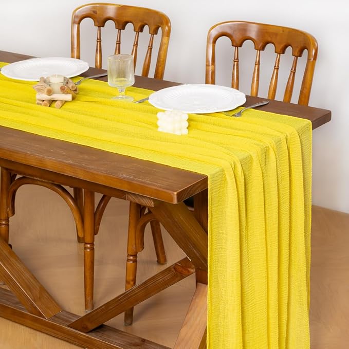 Socomi 6pcs Yellow Cheesecloth Table Runner Easter Spring Gauze 120 Inch Rustic Boho Cheese Cloth Runner for Wedding Party Baby Bridal Shower Centerpiece Decoration Holiday Home Decorations