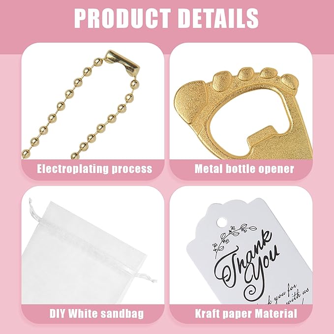 50pcs Baby Footprint Keychains & Bottle Opener Party Favors with Organza Bag (Gold)