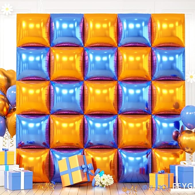 Metallic Navy Blue Pearl Blue and Orange Double Sided Square Foil Balloons Wall,19 Inches Foil Balloons Tunnel Arch Kit for Bachelorette,Anniversary,Wedding,Birthday Party Background Decoration