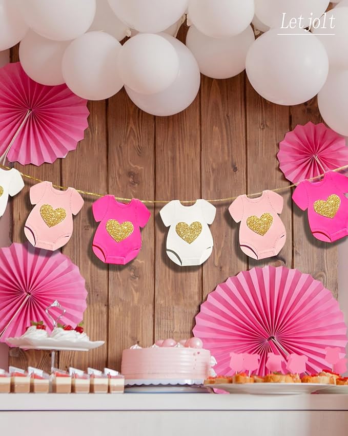 Pink Baby Shower Paper Garland Short-Sleeve Bodysuits Clothesline Garland Gender Reveal Birthday Banner Baby Outfit Pre - Strung Paper Decorations 9 pcs