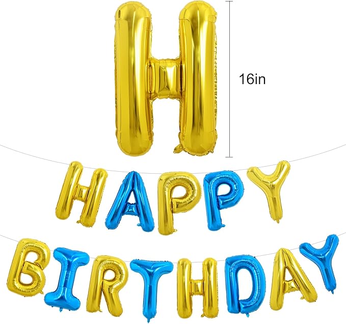 TONIFUL Happy Birthday Balloons with Ribbon Straw, 16 Inch Mylar Letters Birthday Sign Banner Bunting Reusable for Girls Boys Kids & Adults Party Decorations Supplies（Gold Blue）