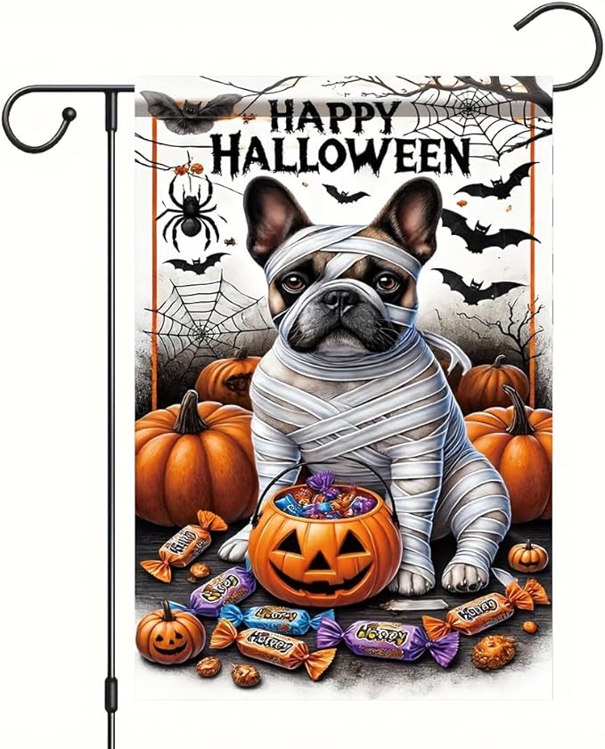 Halloween Garden Flag Mummy Dog Pumpkin Candy 12x18 inch Double Sided OutdoorYard Banner for Trick or Treat Haunted House Spooky Small Cute Holiday Decoration Decor