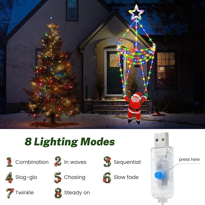DANLI LED Christmas Parachute Lights with Santa Claus, 3.66ft, 8 Modes Hanging Lights for Indoor Outdoor Porch Roof Eave Balcony Home Decor