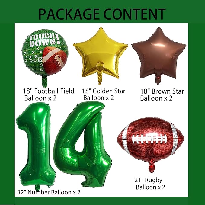 Football Balloons Foil Football Birthday Decorations Balloons Green Number 14 Balloon Gold Brown Star Touchdown Ballons for Rugby Birthday Decorations Sports Ballons Arch Kits Party Balloon Sets 10pcs