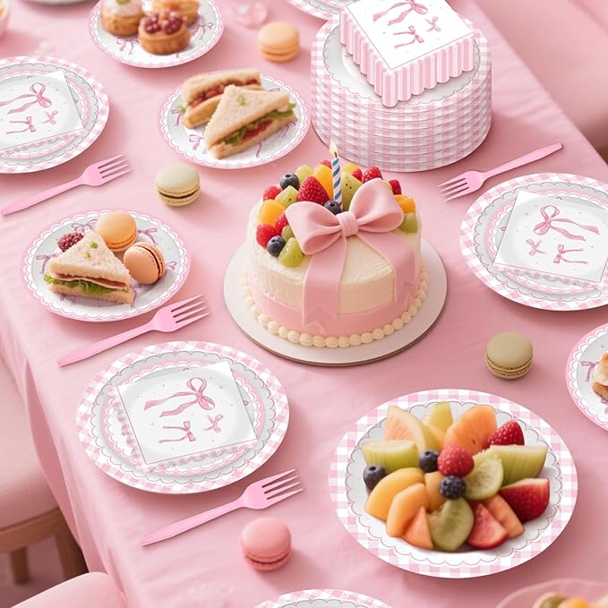 100 Pcs Pink Ribbon Bow Party Supplies Set - Serves 25, Watercolor Disposable Tableware, Includes Paper Plates, Napkins, Forks for Wedding, Bachelorette, Birthday, Girl’s Coquette-Style Themed Favors
