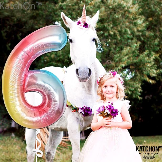 KatchOn, Giant Rainbow Number 6 Balloon - 40 Inch | 6 Year Old Birthday Balloons for 6th Year Decoration | 6 Number Balloons for 6th Happy Anniversary Decorations, 6th Birthday Party Decorations