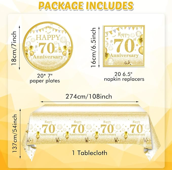 41PCS 70th Anniversary Decorations Cheers to 70 Years Disposable Tableware Including Plates Napkins Tablecloth for Men Women 70th Birthday Anniversary Party Supplies, 102-25