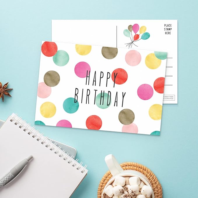 Sweetzer & Orange Happy Birthday Postcards Pack (60 Post Cards) 4x6”decor pages for Kids and Adults. 300gsm Note Sheets. party flyers Assortment Greeting flyers, Blank Birthday decor sheets