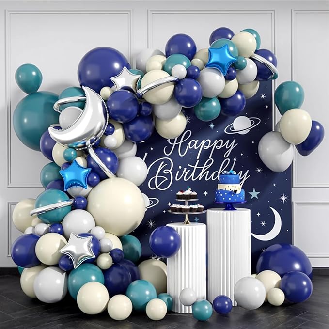 Outer Space Balloon Arch Kit, Navy Blue And White Grey Sea Blue Moon Star Foil Balloon for Boy Space Birthday Astronaut UFO Theme Graduation Party Galactic Celebration Baby Shower Decorations