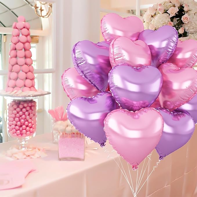 Pink Purple Heart Balloons,12Pcs Light Pink Heart Shaped Foil Balloons,18Inch Purple Pink Helium Polyester Film Balloon for Baby Shower Birthday Anniversary Wedding Party Decorations