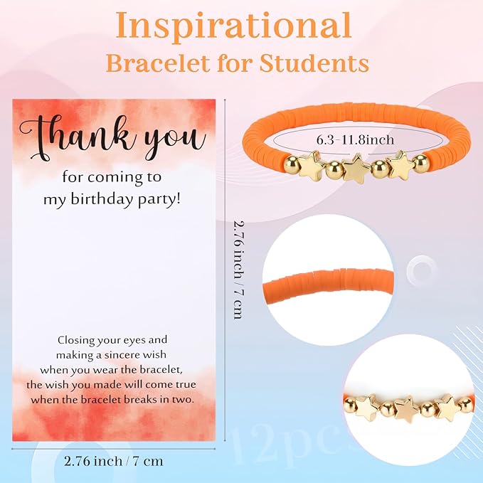 Birthday Party Favor Bracelets Beaded Rainbow Clay Bracelet with Thank You Card Gift for Birthday Party Supplies Bags Suffer with Different Themes(12 Sets,Star)