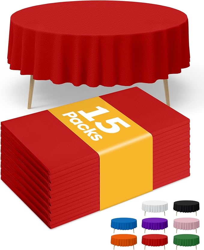 Red Plastic Table Cloth Round Table 15 Pack, 84'' Tablecloth for Round Tables, Table Cloth for Disposable Use, Table Cover for Holiday Party, Gathering