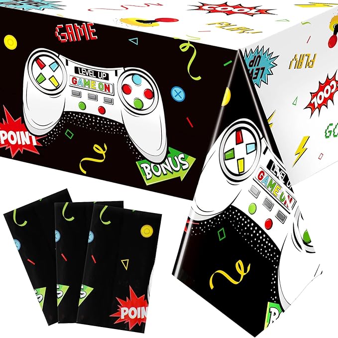 Tatuo 3 PCS Video Game Table Cover, Game Theme Birthday Decoration Plastic Table Cloth Party Supplies for Boys Girls Kids Player Geek Party Decorations, 54 x 108 Inch (Cool Black)