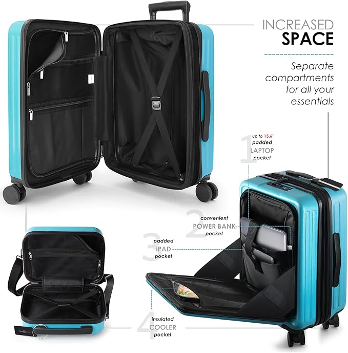 TRAVELARIM 20 Inch Carry On Luggage 22x14x9 Airline Approved, Carry On Suitcase with Wheels, Hard-shell Carry-on Luggage, Durable Luggage Carry-On, Teal Small Suitcase with Cosmetic Case
