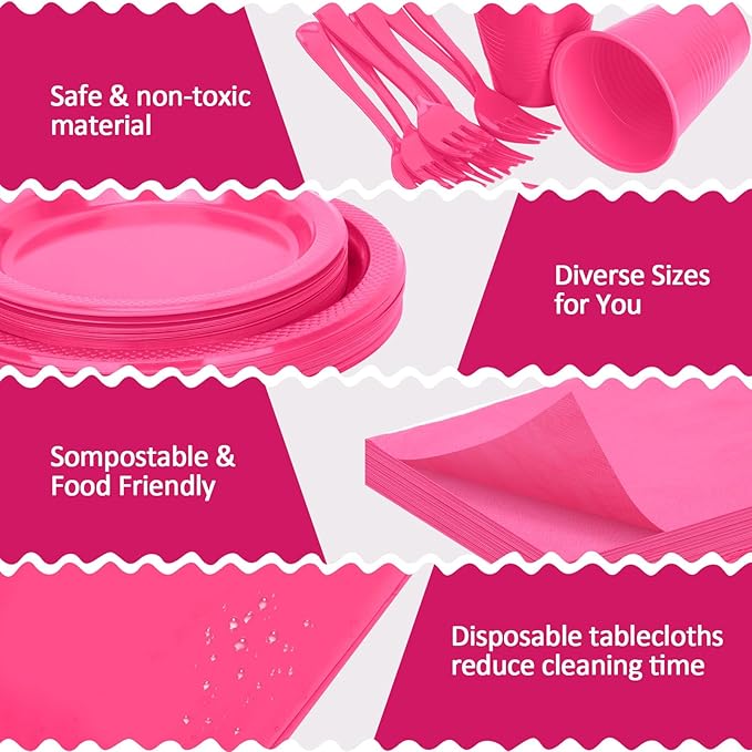 Cerise Plastic Plates Set-100 Guest 9" Dinner Plates & 7" Dessert Plates,12 oz Cups,Napkins,Forks,Hot Pink Disposable Plastic Tableware for Girls Women,Summer Party,Birthday
